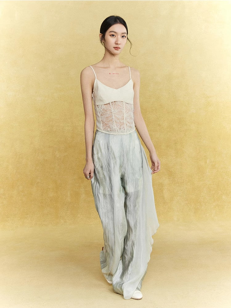 Wrinkled Sheer Frill Asymmetry Straight Wide-Pants