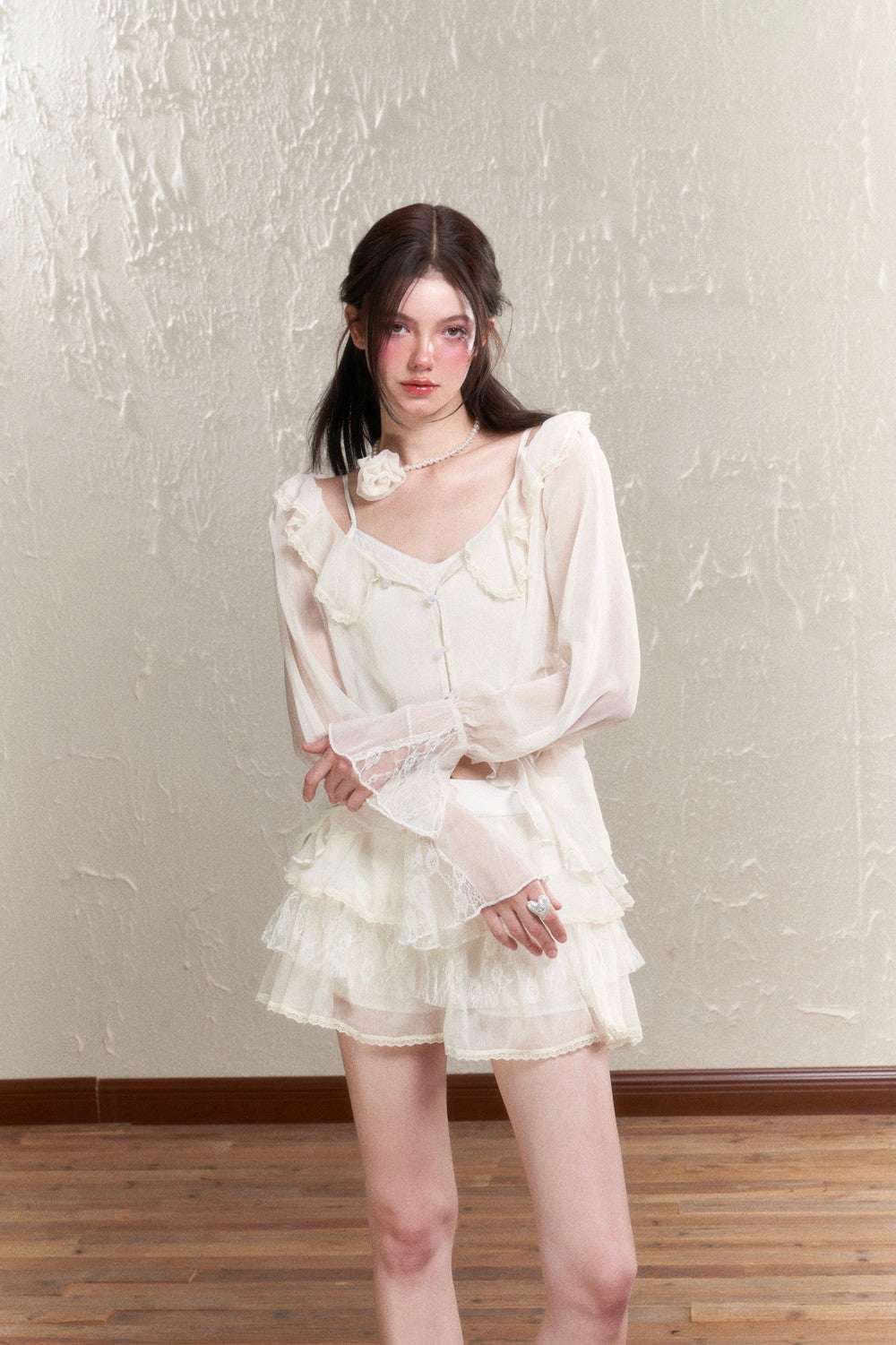 Sheer Frill Lace Feminine Blouse&Mini-Skirt