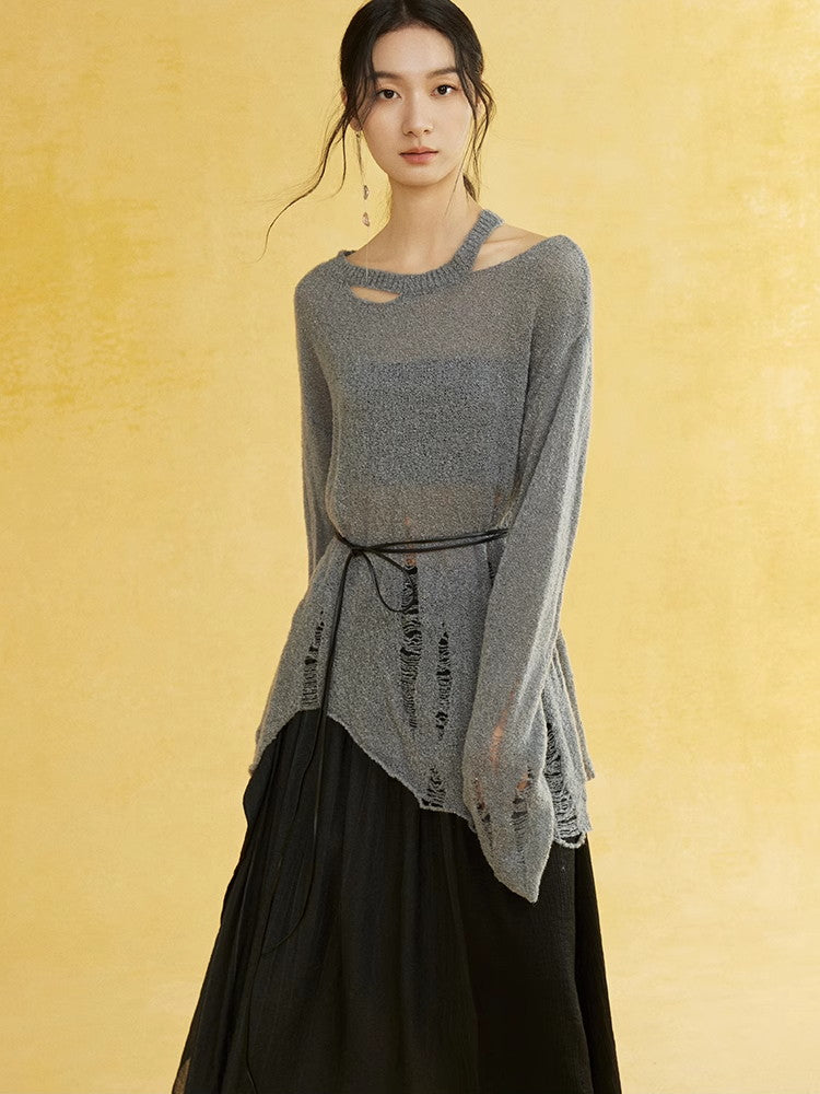 비대칭 손상 난소 캐주얼 커버 니트