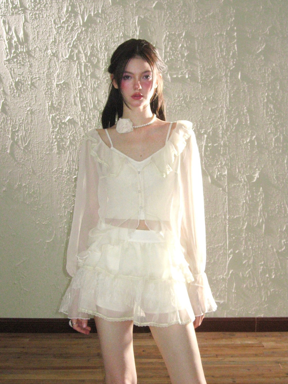 Sheer Frill Lace Feminine Blouse&Mini-Skirt