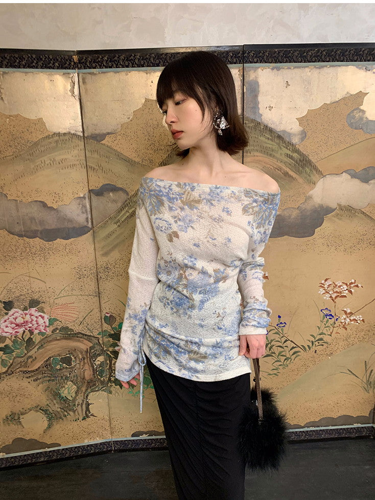 Flower Mesh Off-Shouler Thin Retro Cutsew