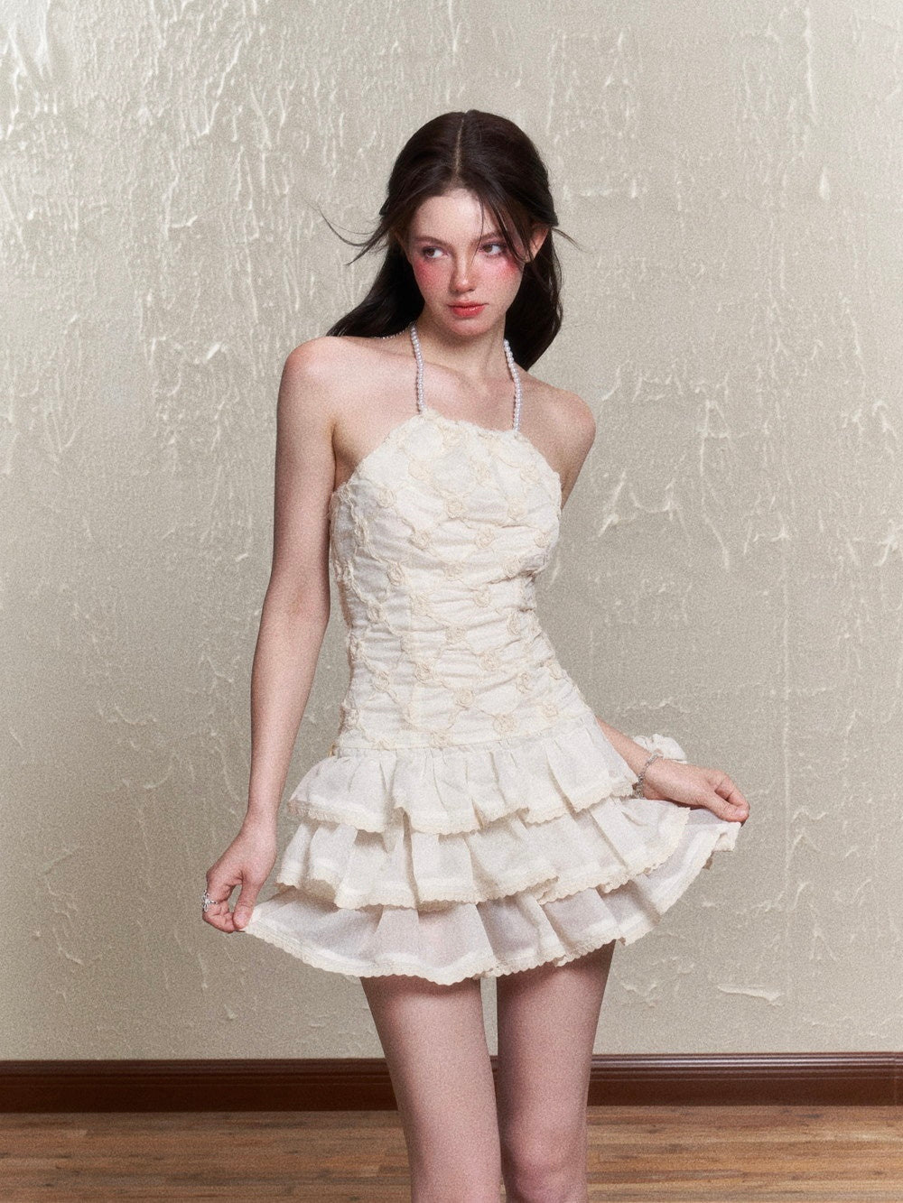 Puff-Sleeve Ciffon Tiered Halter-Neck Sweet One-Piece & Bracelet