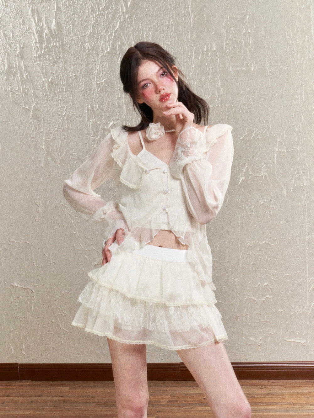 Sheer Frill Lace Feminine Blouse&Mini-Skirt