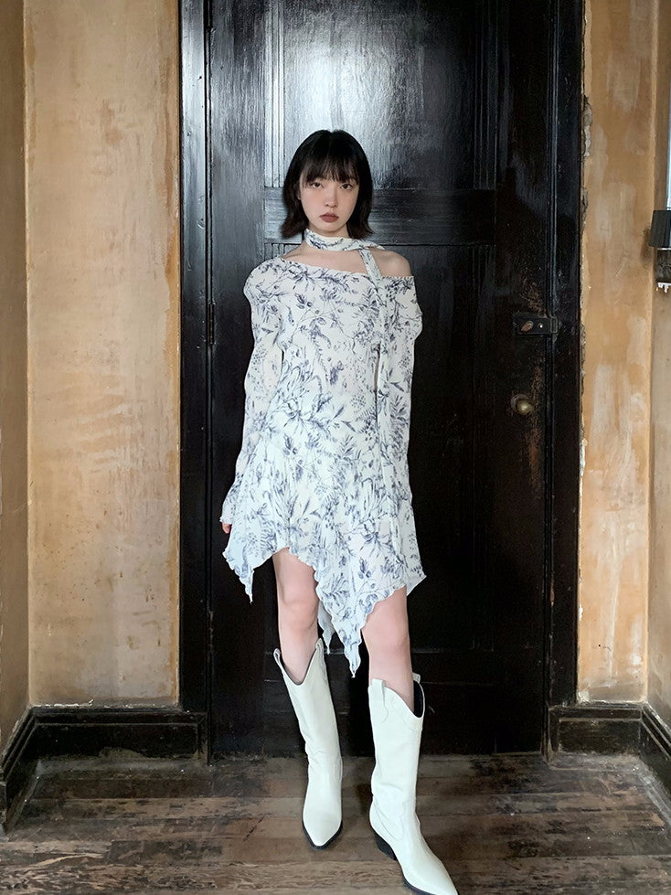 비대칭 플라워 오프숄더 레트로 블라우스 & 스커트