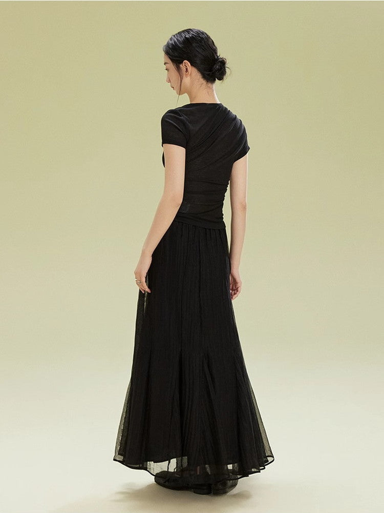 Asymmetry Simple Drape Gather Plain T-Shirt