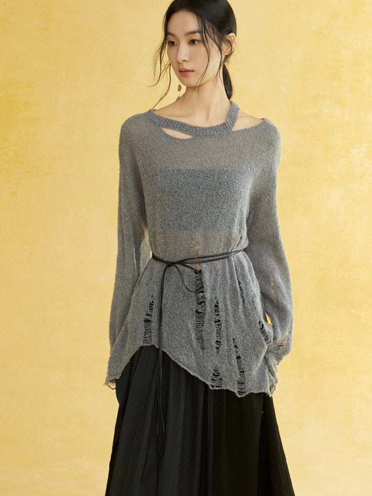 비대칭 손상 난소 캐주얼 커버 니트