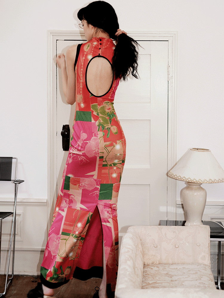 Back-Open High-Neck Tight No-Sleeve Patchwork Flower Dress – ARCANA ARCHIVE