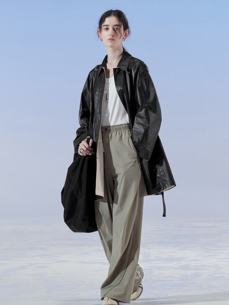 Smooth Cool Bi-Color Belt Plain Oversize Leather-Jacket