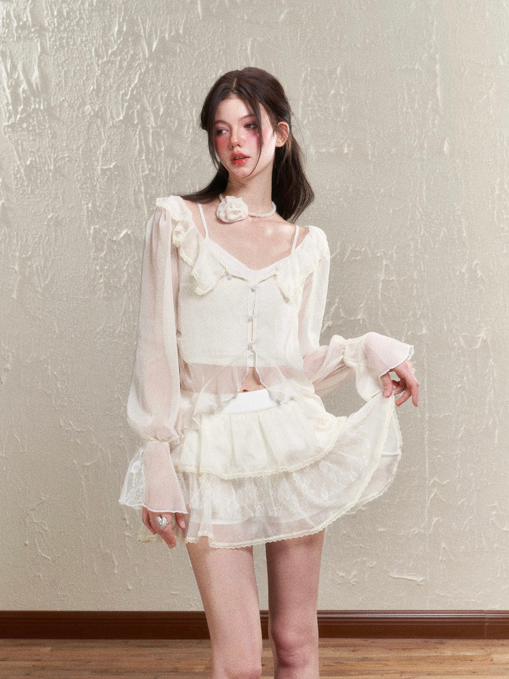 Sheer Frill Lace Feminine Blouse&Mini-Skirt