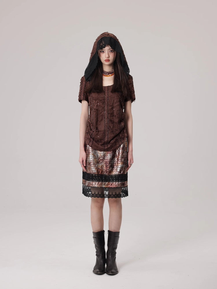 Mesh Lace Flower Crocodile Embroidery Metallic Skirt