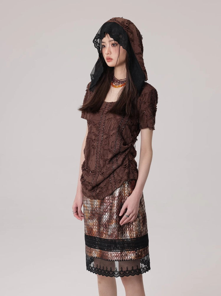 Mesh Lace Flower Crocodile Embroidery Metallic Skirt