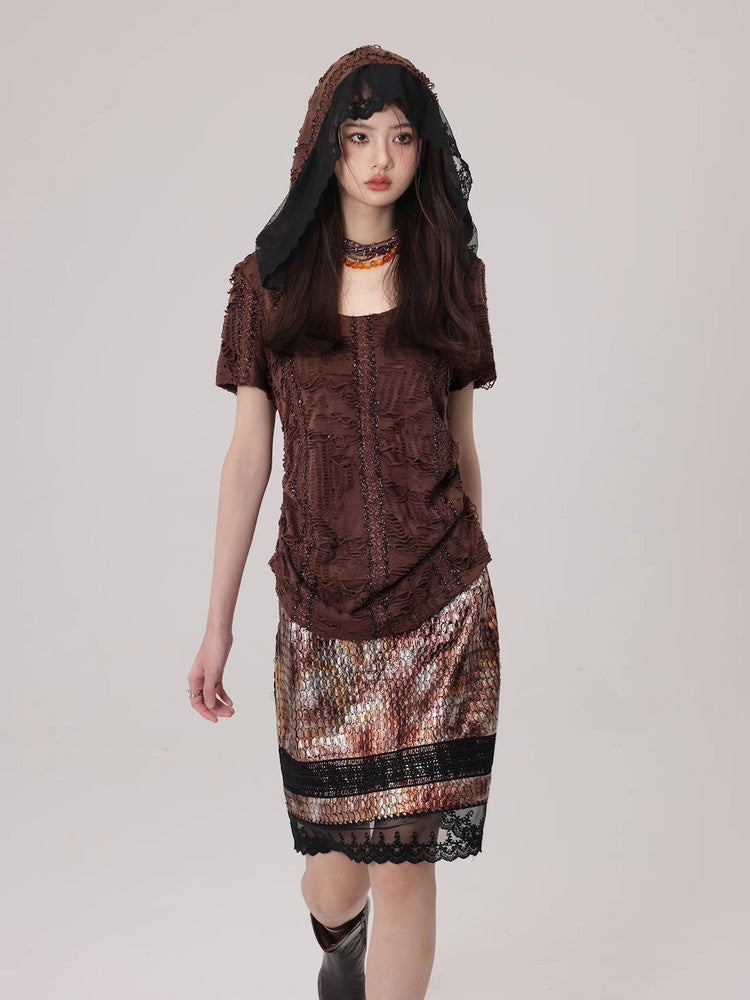 Mesh Lace Flower Crocodile Embroidery Metallic Skirt