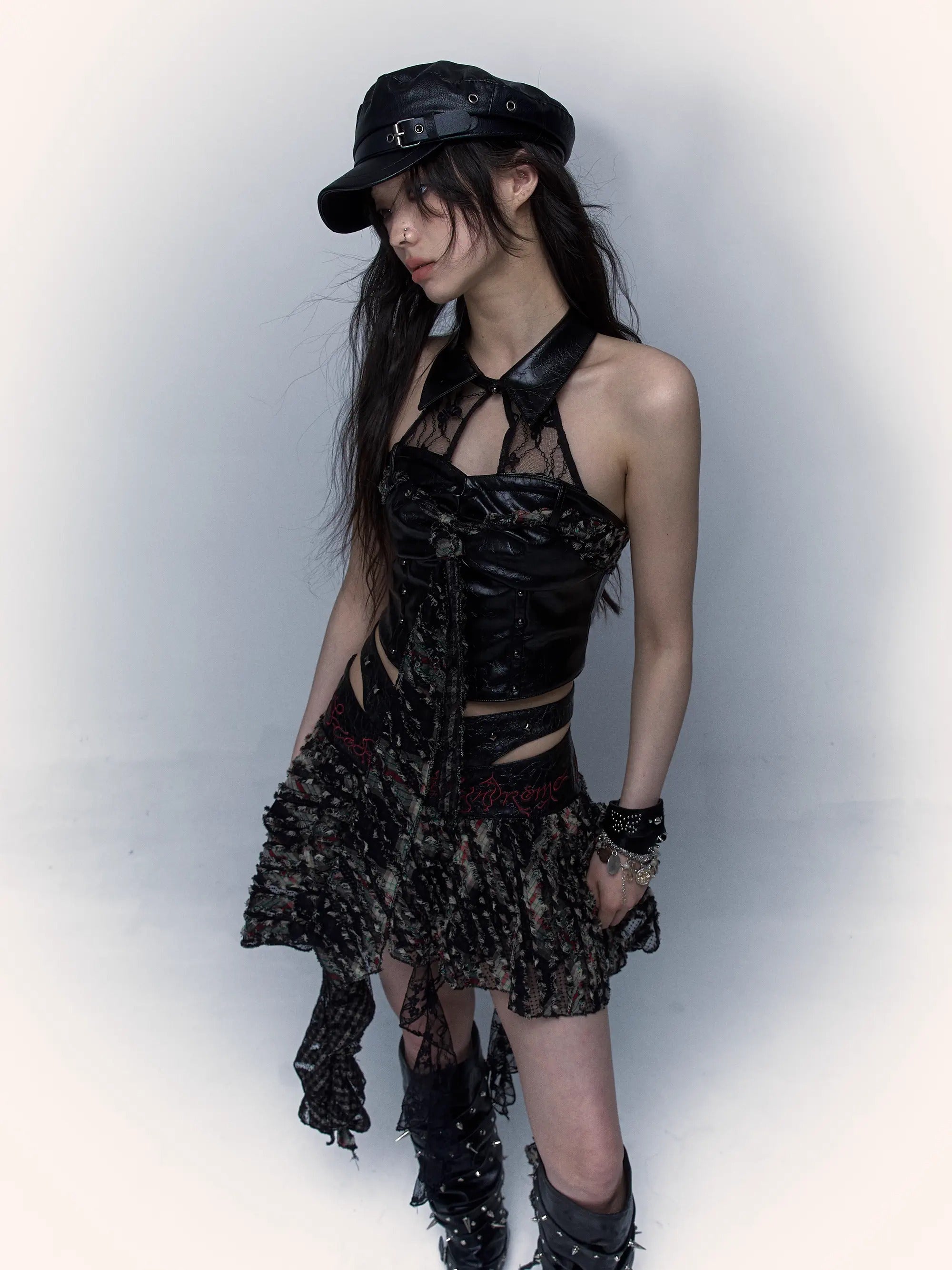Stitching Embroidered Skirt & Lace Stitch Leather Tube Top