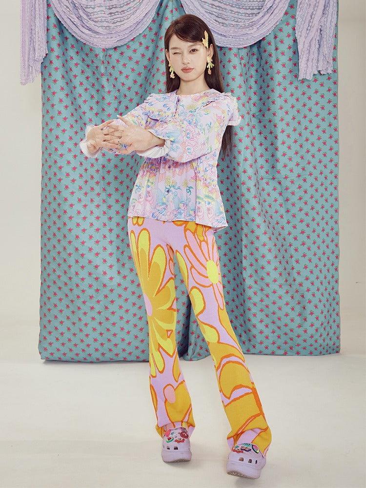 Contrast Color Flower Slim Knitted Pile Flare Pants