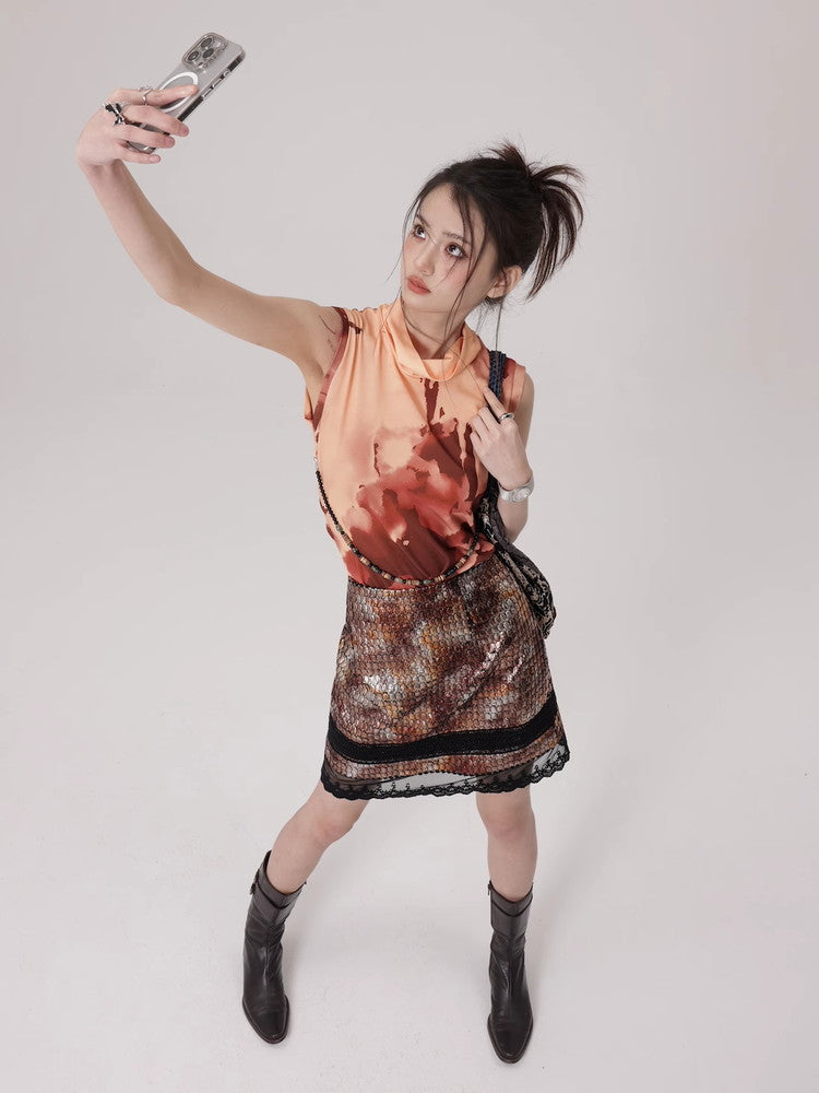 Mesh Lace Flower Crocodile Embroidery Metallic Skirt