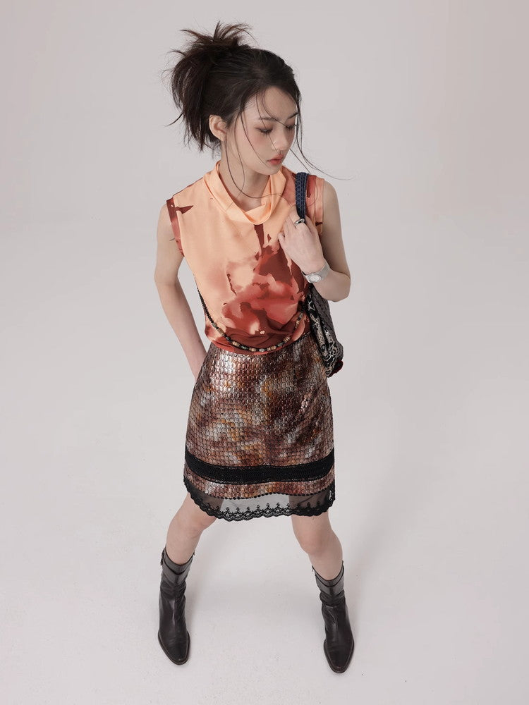 Mesh Lace Flower Crocodile Embroidery Metallic Skirt