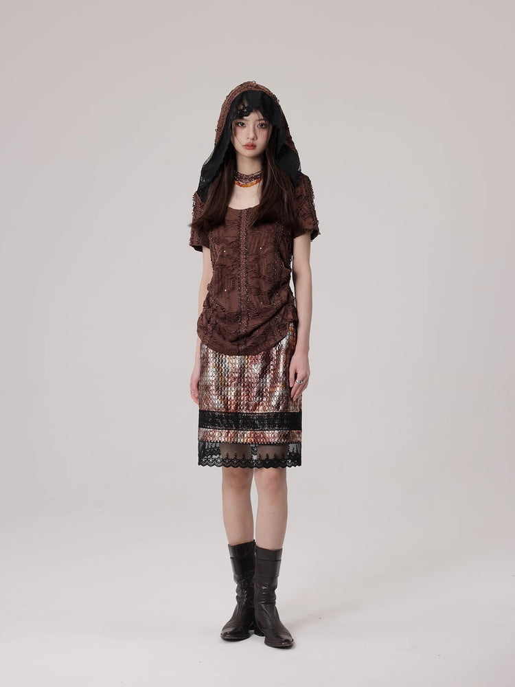 Mesh Lace Flower Crocodile Embroidery Metallic Skirt