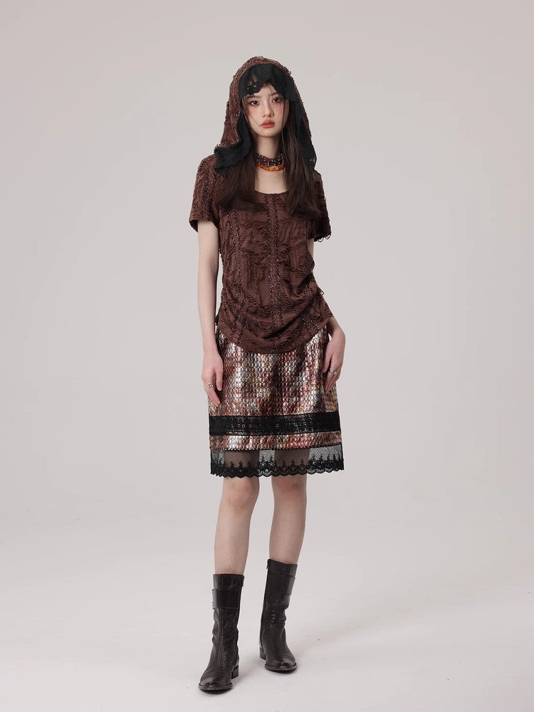 Mesh Lace Flower Crocodile Embroidery Metallic Skirt