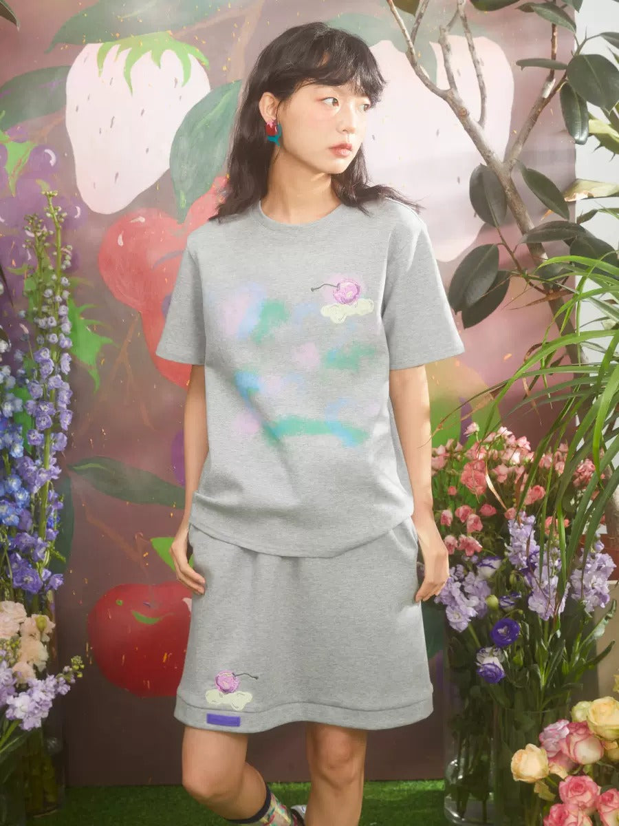 Retro Cherry Embroidery Gradient Loose T-shirt & Skirt