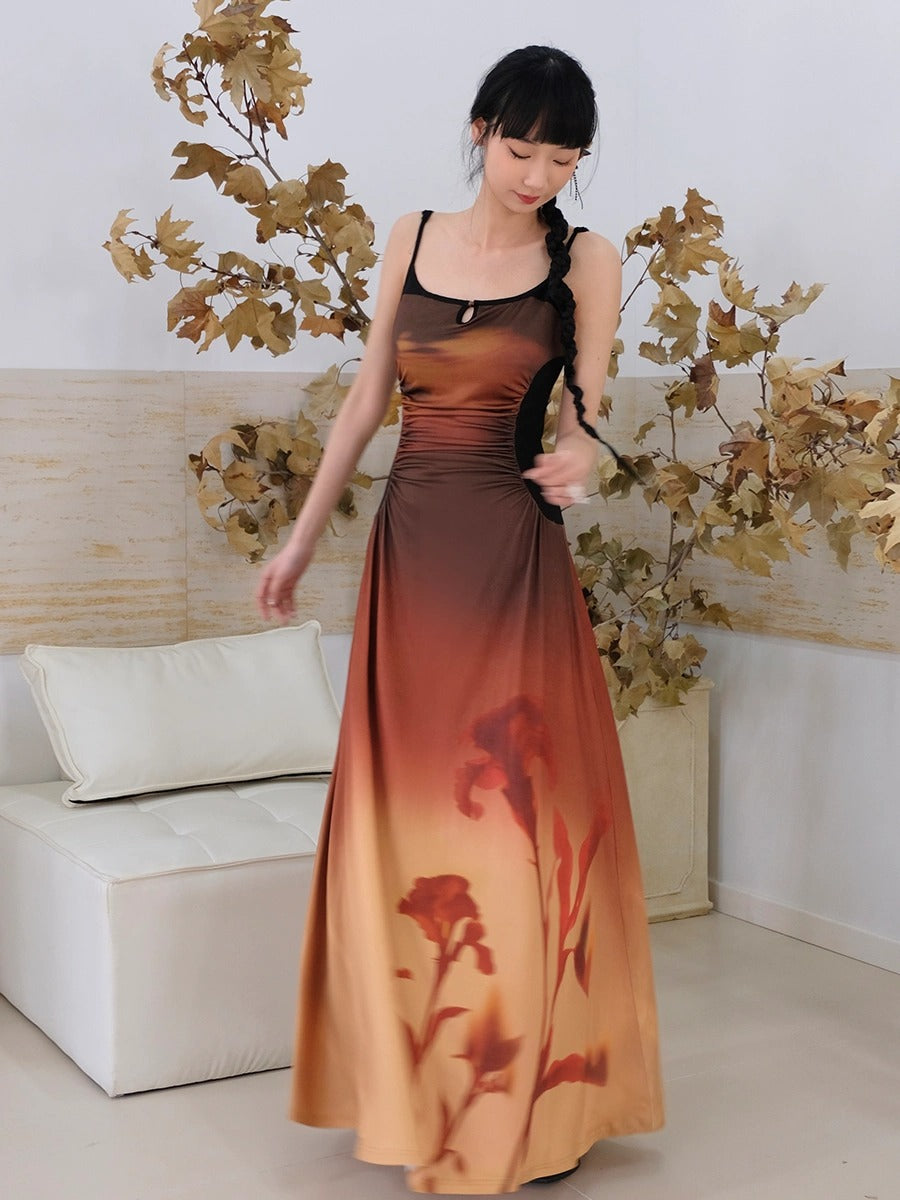 Gradation Printed Elastic Slim Fit Suspender Dress