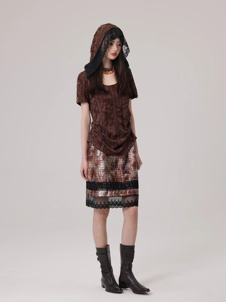 Mesh Lace Flower Crocodile Embroidery Metallic Skirt