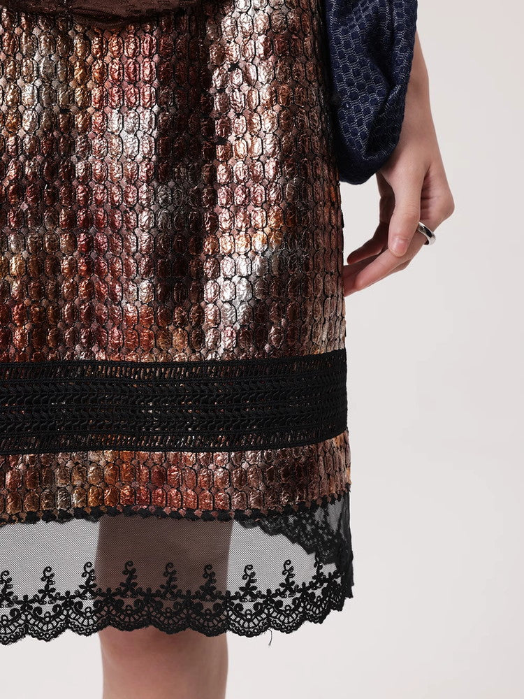 Mesh Lace Flower Crocodile Embroidery Metallic Skirt