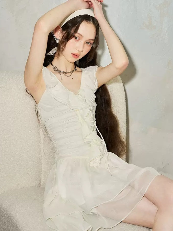 Ruffled Lace Stitching Pleated V-neck Sleeveless Dress