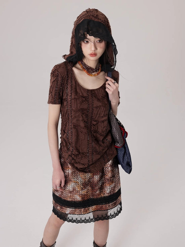Mesh Lace Flower Crocodile Embroidery Metallic Skirt