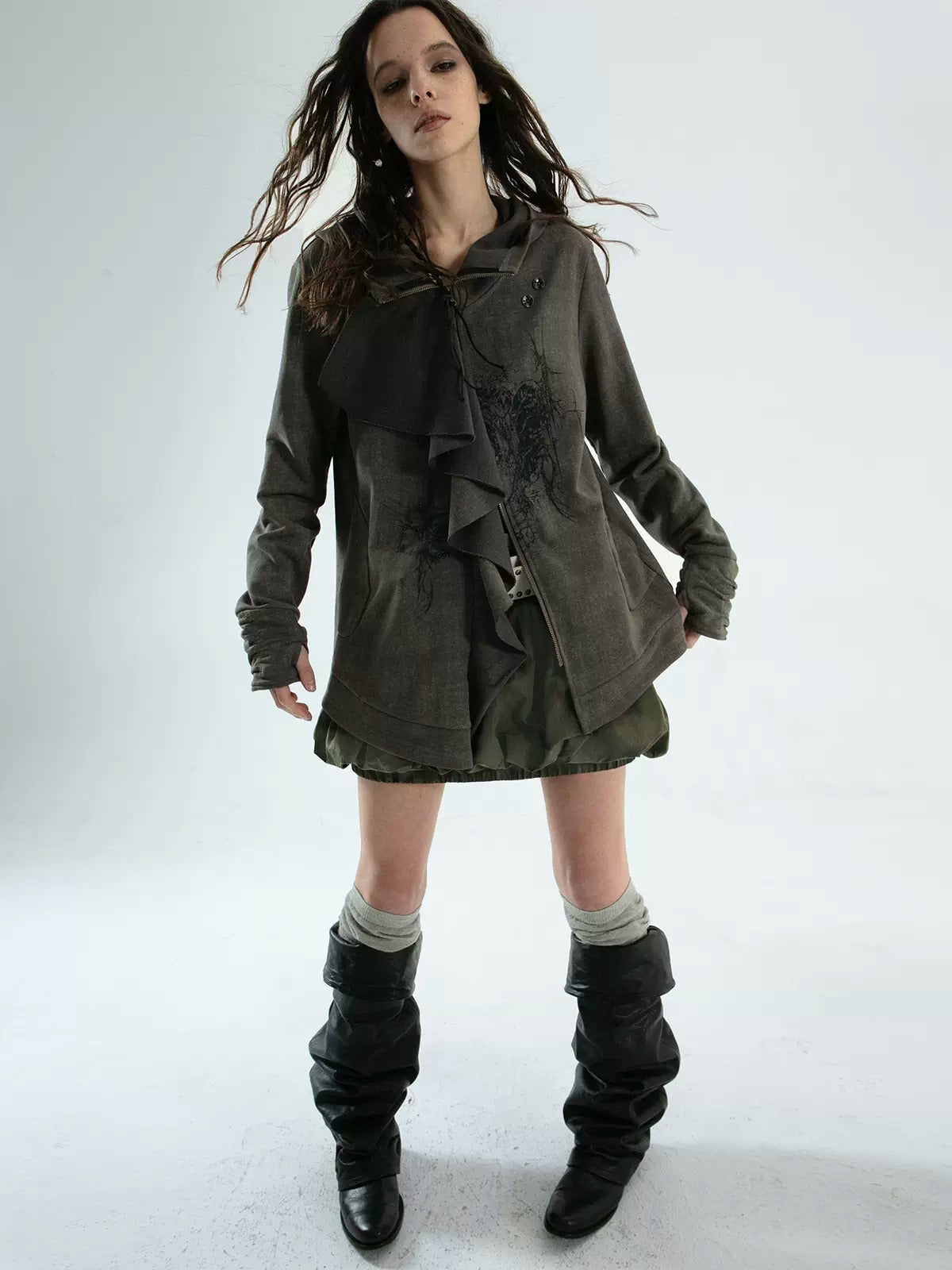 Ruffled Irregular Cut Sweat Jacket