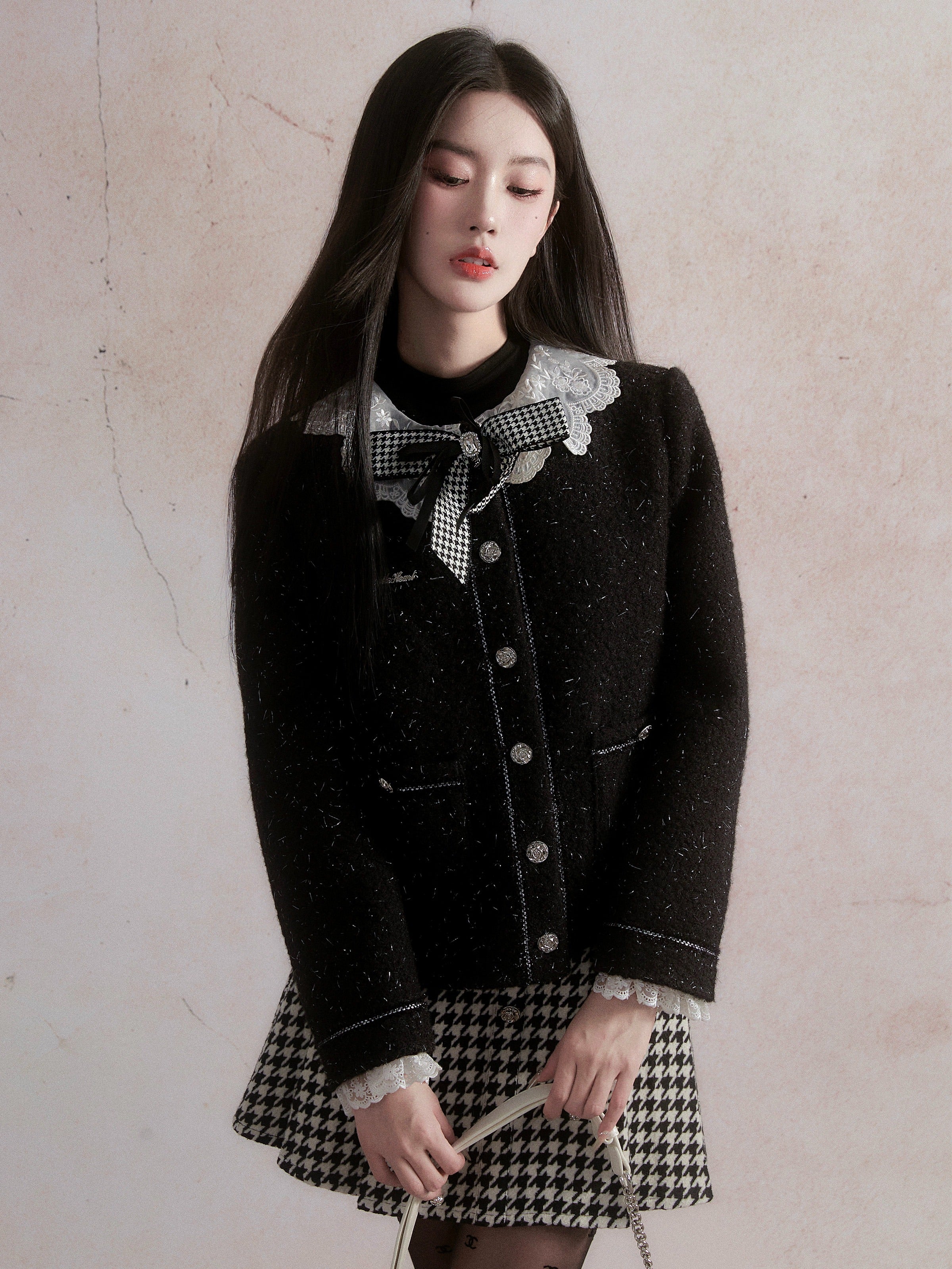 Small Fragrant Style Lace Stitch Jacket & Houndstooth Skirt
