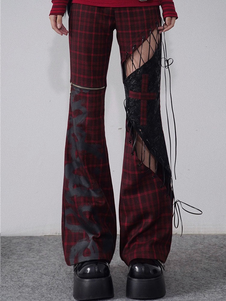 Pantalon à point à cuir à carreaux creux à lanière