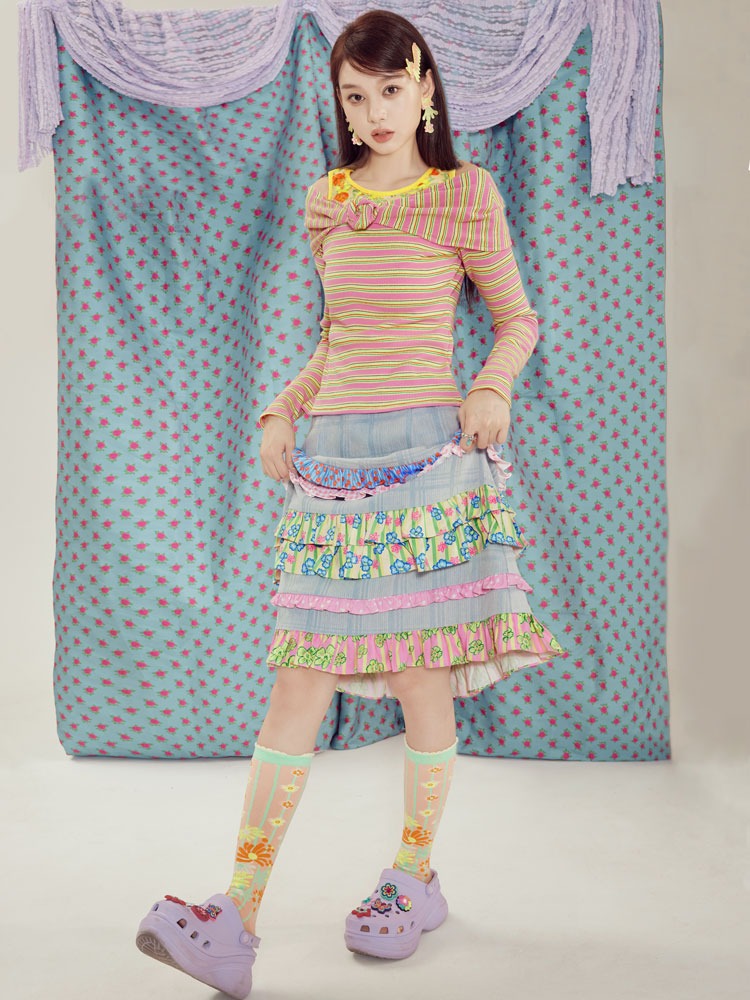 Rüschstich-Plaid-Denim A-Line-High-T-Rock