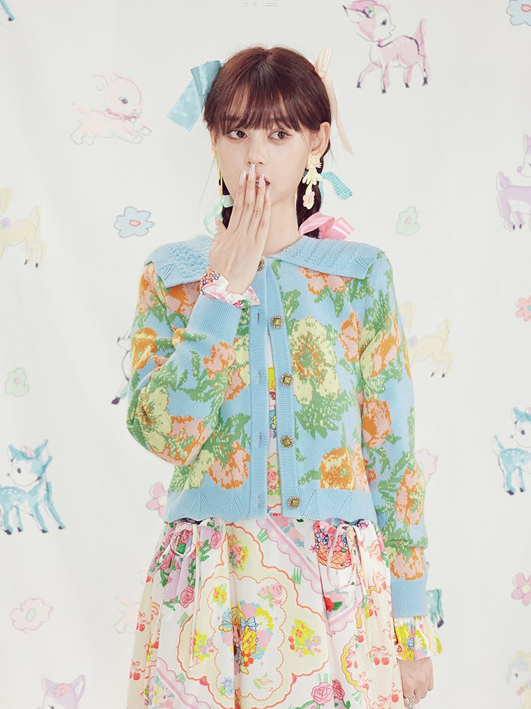 짧은 꽃 니트 자카드 카디건