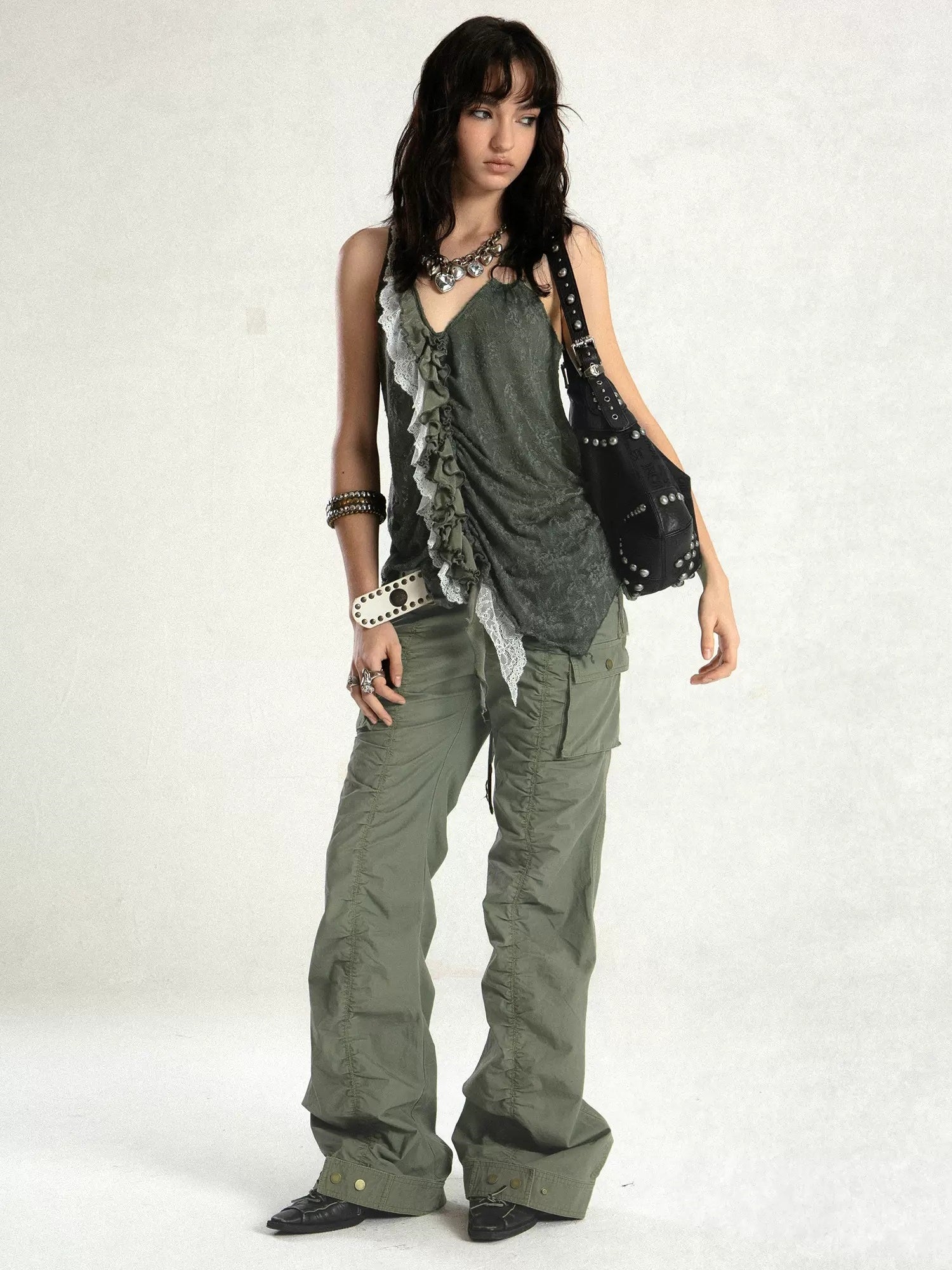 Old Washed Straight Flared Pleated Gather Pants