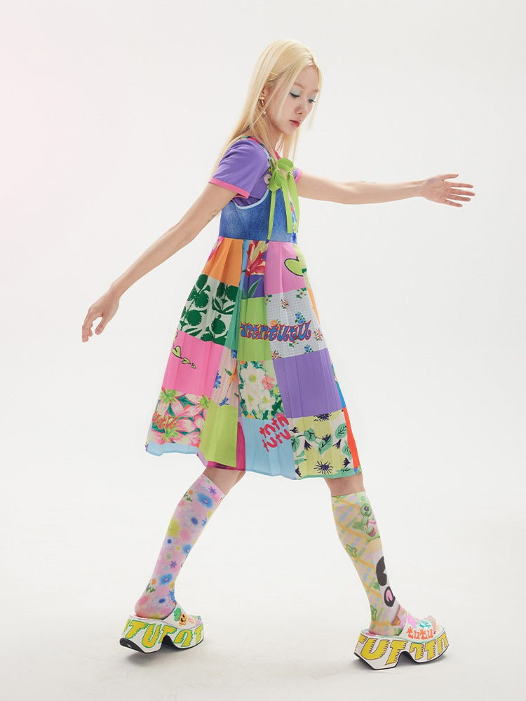 Stitching Denim Print Strap Sling One-piece