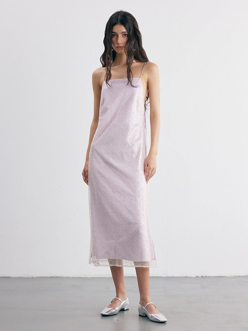 Embroidered Beaded Open Back Suspender Dress