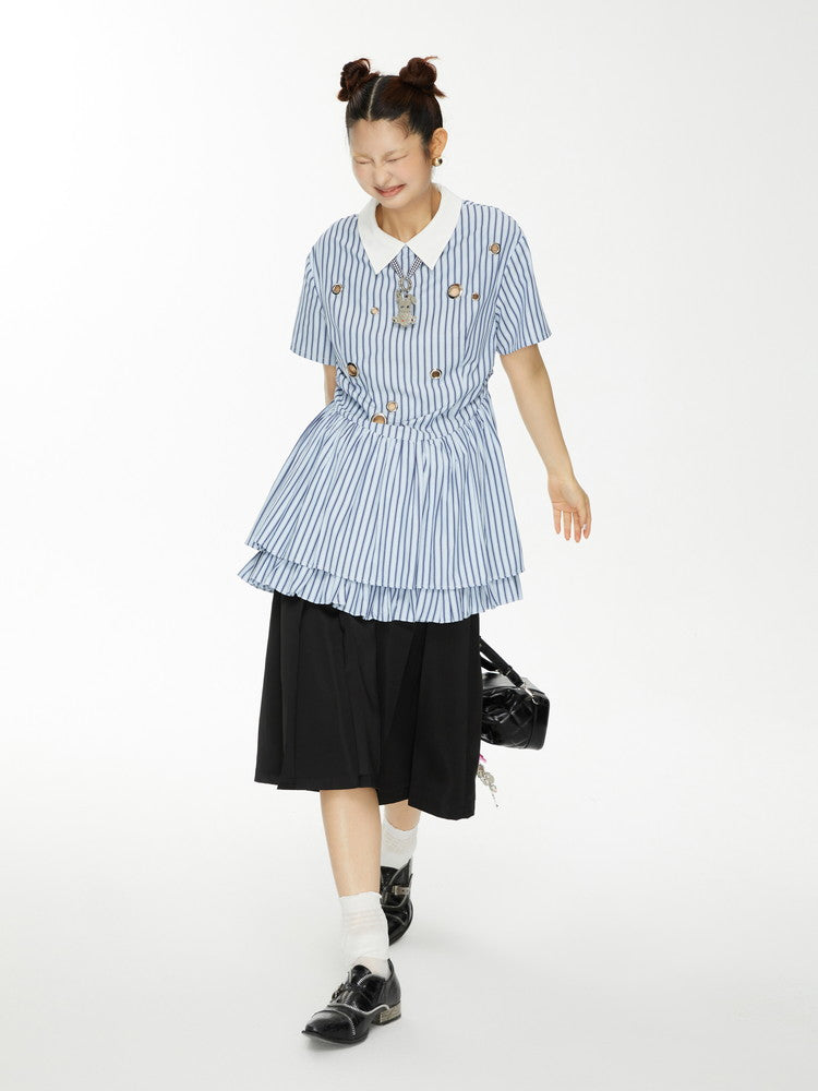 Stripe Tiered Frill Girly Flare Long-Tops Dress