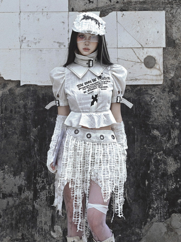 고딕 빈티지 비대칭 니치 손상 메쉬 헴 스커트