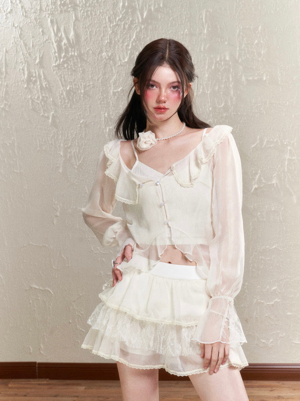 Sheer Frill Lace Feminine Blouse&Mini-Skirt