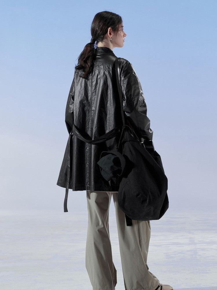 Smooth Cool Bi-Color Belt Plain Oversize Leather-Jacket