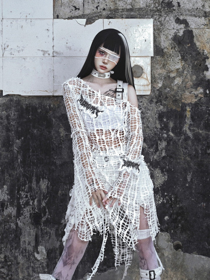 Gothic Vintage One-Shoulder Mesh Nichi Flare-Sleeve Knit