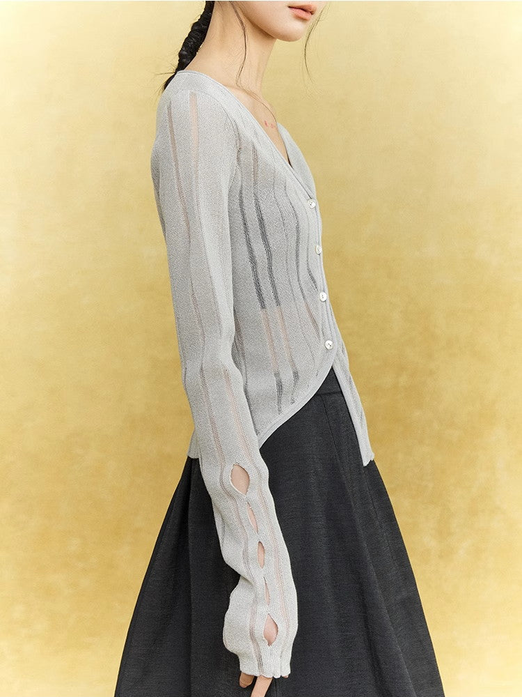 Mesh Sheer Simple Chic Stripe Thin Knit Cardigan