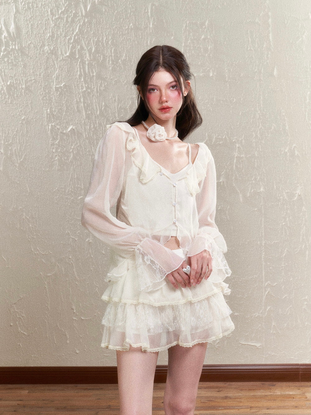 Sheer Frill Lace Feminine Blouse&Mini-Skirt