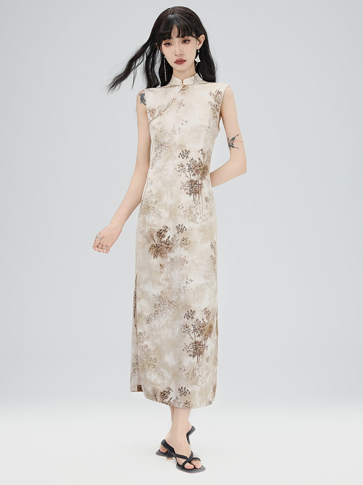 China Bamboo Mao-Collar No-Sleeve Long Dress