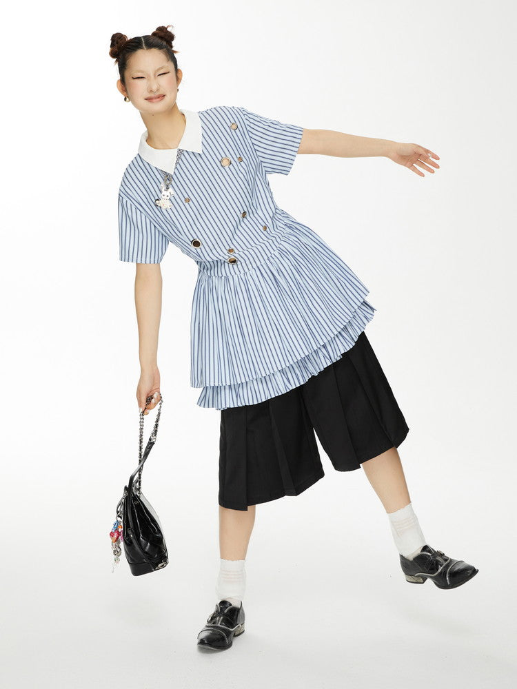 Stripe Tiered Frill Girly Flare Long-Tops Dress