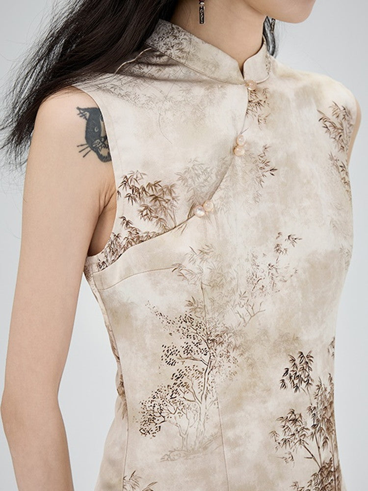 China Bamboo Mao-Collar No-Sleeve Long Dress
