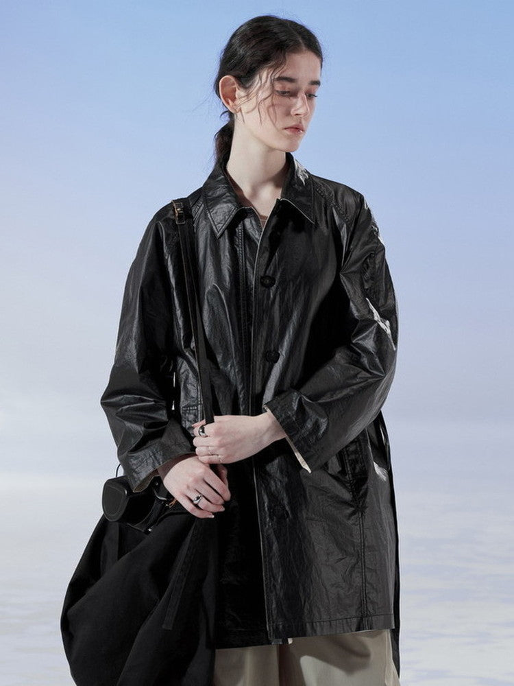 Smooth Cool Bi-Color Belt Plain Oversize Leather-Jacket