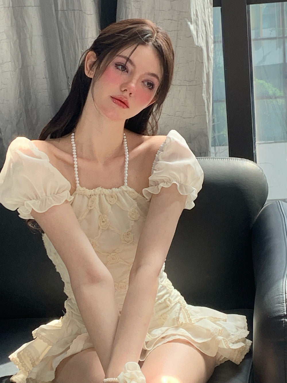 Puff-Sleeve Ciffon Tiered Halter-Neck Sweet One-Piece & Bracelet