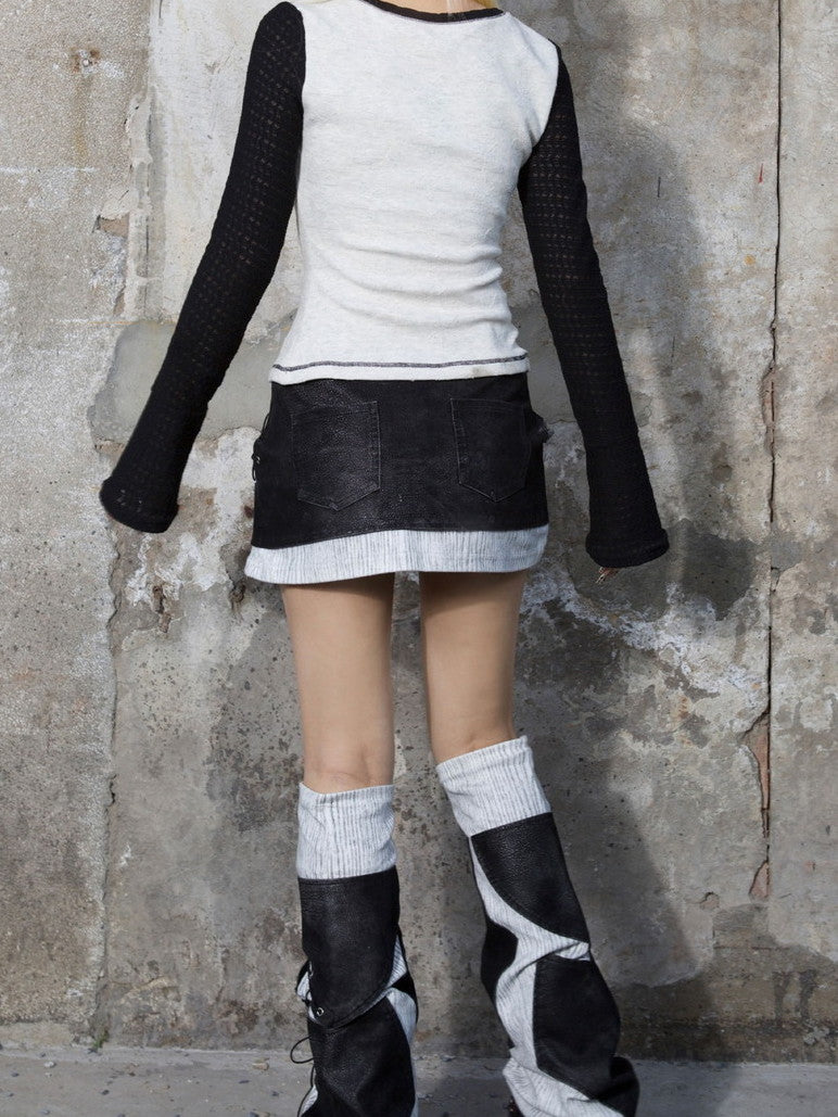 Gothic Lace-Up Mix Leather Casual Mini-Skirt&Leg-Warmer
