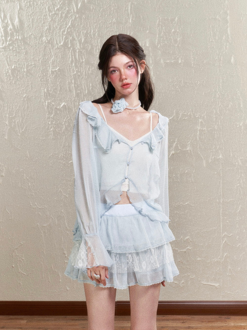 Sheer Frill Lace Feminine Blouse&Mini-Skirt